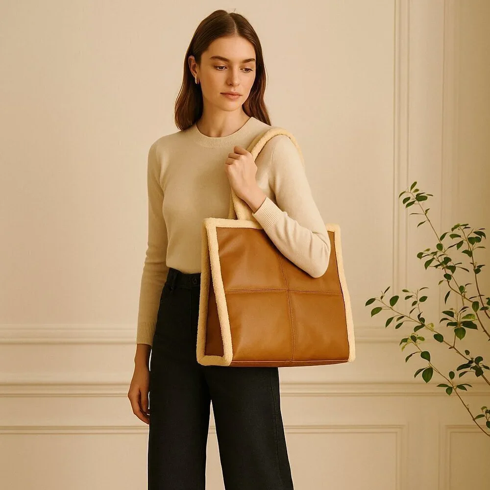 Sondra Roberts Quilted Shopper with Shearling Trim in Caramel NWOT